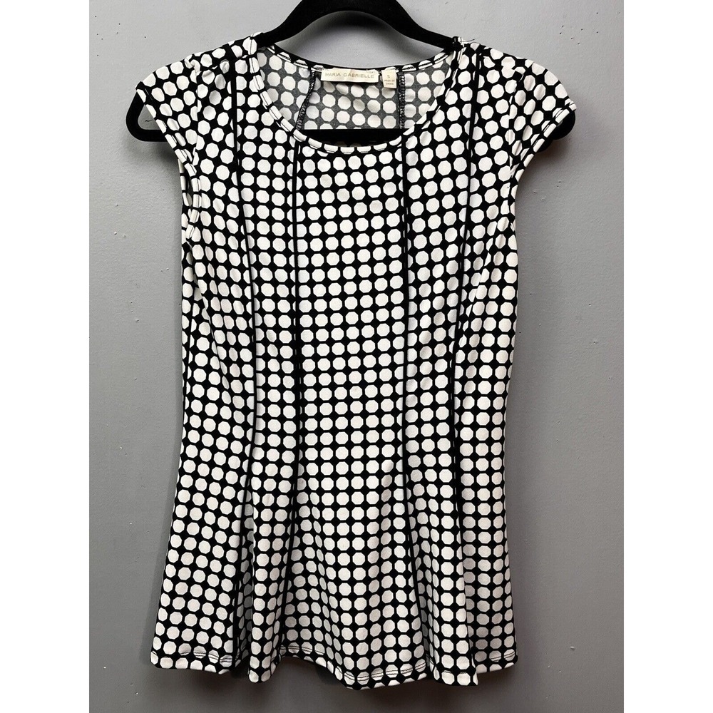 Maria Gabrielle Top Womens Small‎ Black White Polka Dot Cap Sleeve Piping 2316